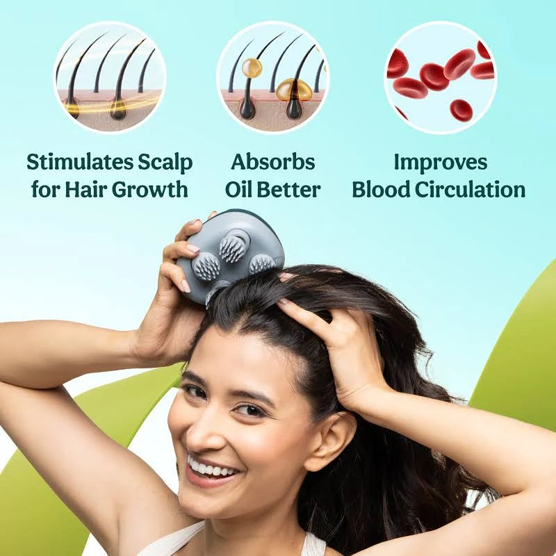 SCALP MASSAGER  -  A scalp massager is a handheld device—either manual with silicone, rubber, or plastic bristles, or electric with rotating nodes—designed to stimulate the scalp, increase blood circulation, and reduce stress.
